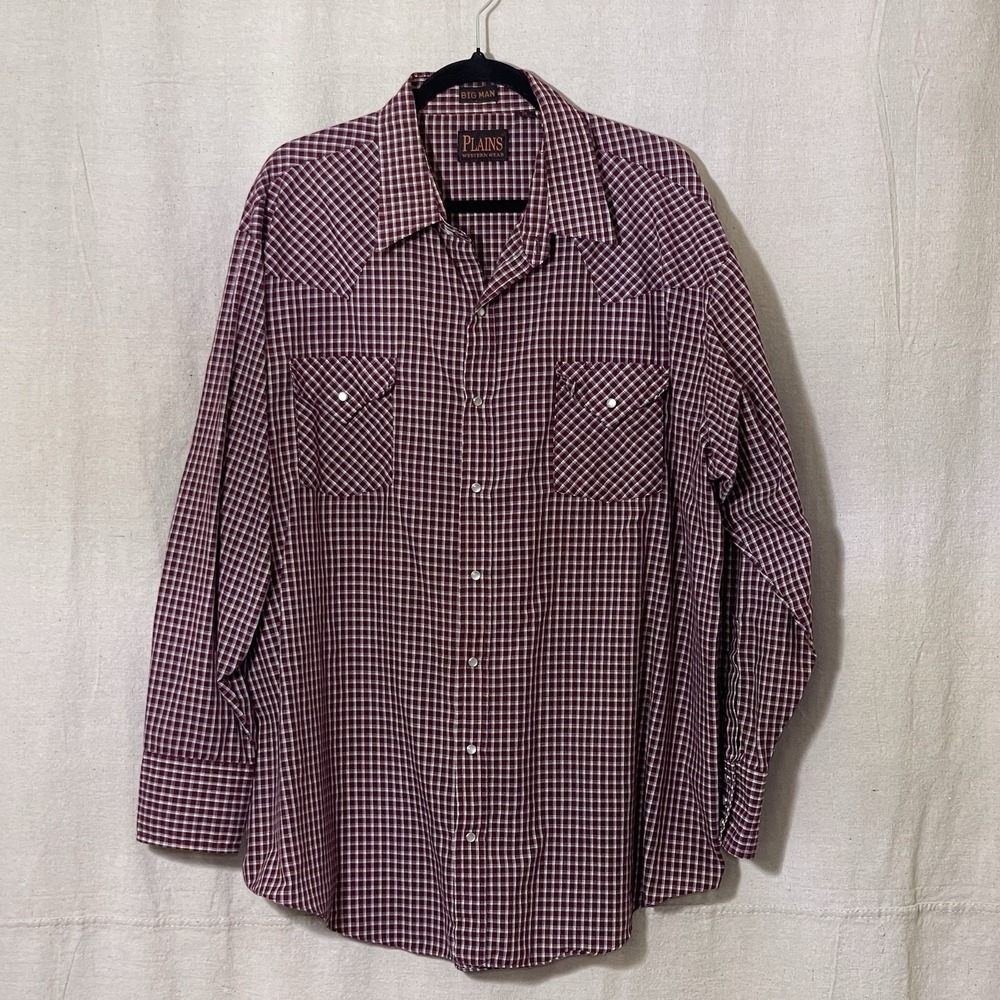 Western 2X Plains‎ Big Man Burgundy Plaid Long Sleeve Pearl Snap Cowboy